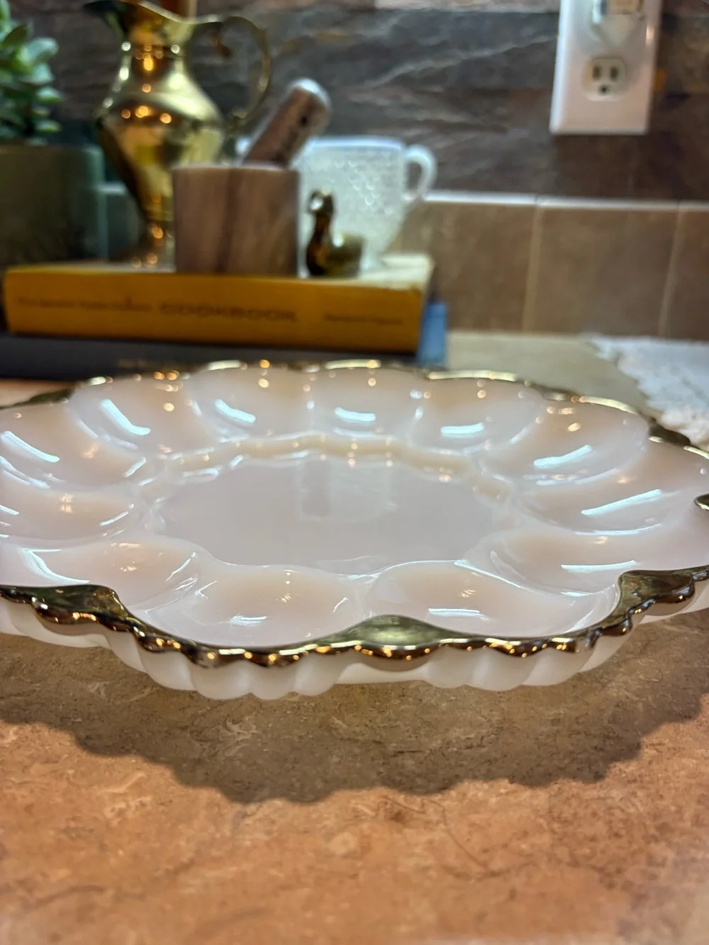 Vintage Milk Glass Gold Trim Deviled Egg Serving Platter